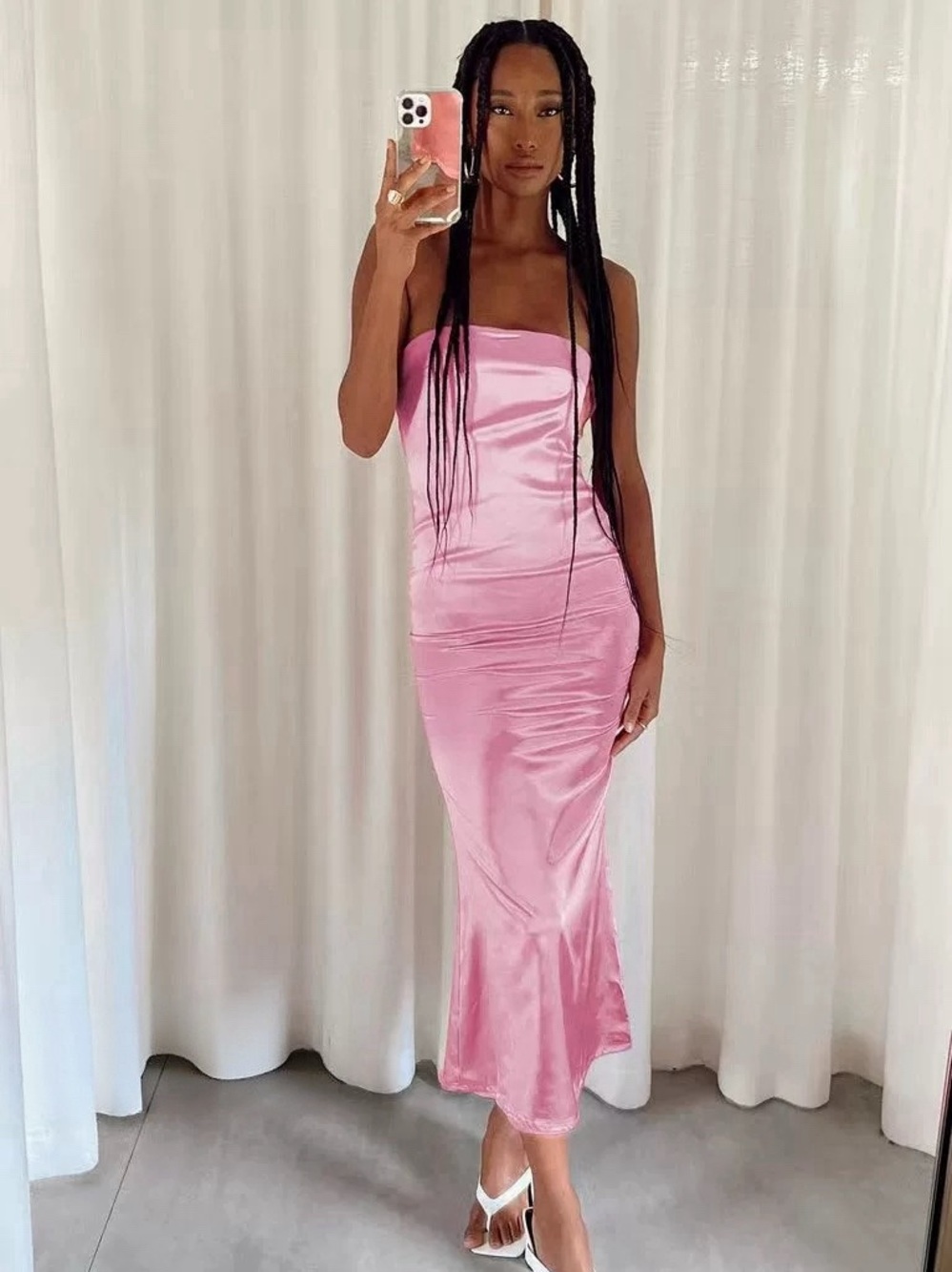Princess Polly Pink Satin Strapless Midi Dress S